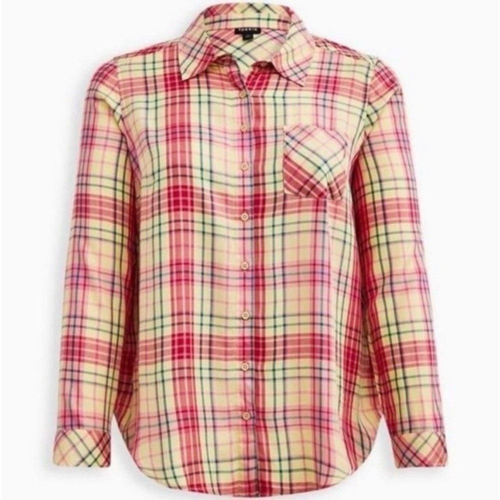 Torrid Lizzie Pink Red Yellow Plaid Rayon‎ Twill Button-UpLong Sleeve Shirt 2X